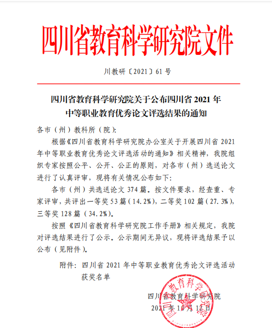 德阳安装技师学院教师在四川省2021年中等职业教育优秀论文评选活动中喜获佳绩